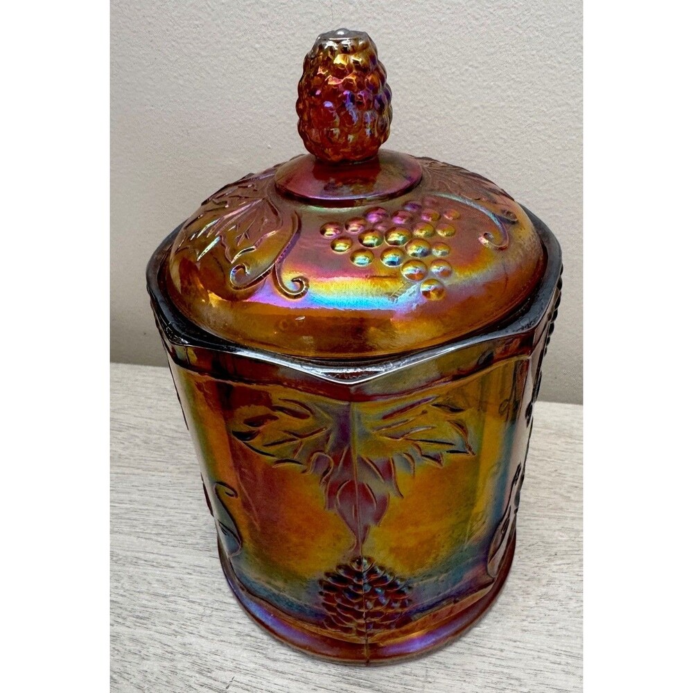 Vintage Marigold Carnival Glass Grape & Cable Biscuit Jar Cookie Jar w/ Lid 8”